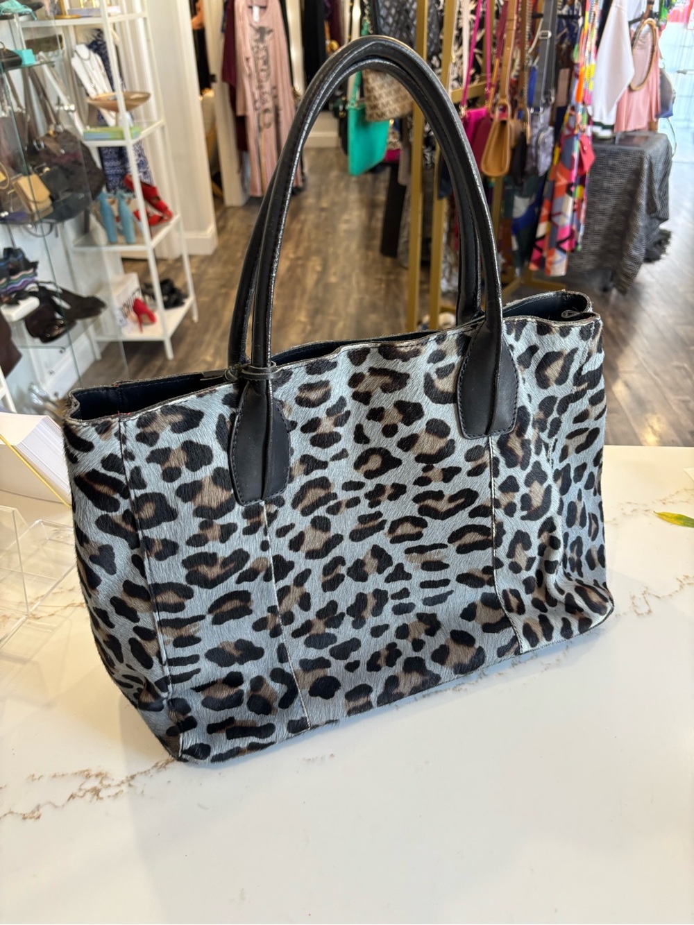 Boden leather Leopard Print horse hair Tote in Black and gray